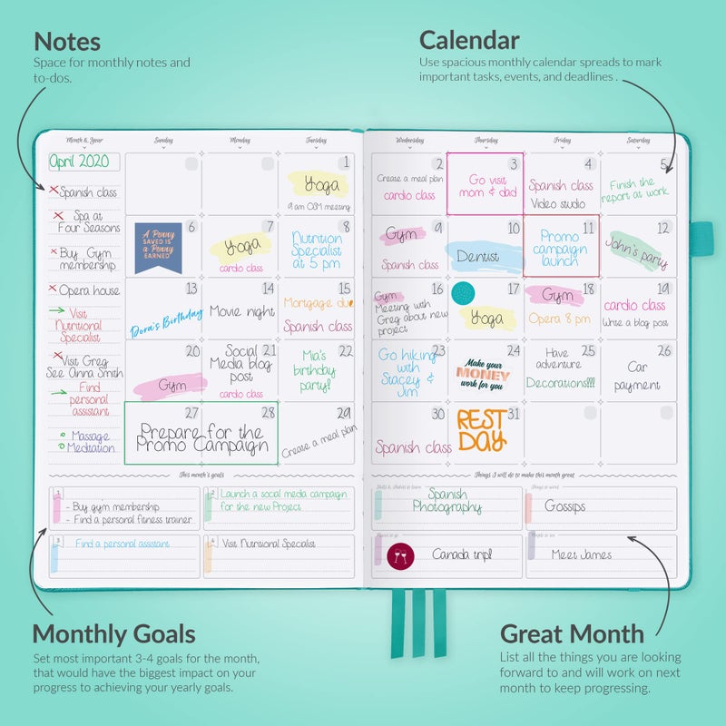 GoGirl Planner PRO - Undated Horizontal Layout Weekly Planner and Organizer + Budgeting and Expense Tracking Pages, Goals Journal & Agenda, 7" x 10" Hardcover, Lasts 1 Year - Turquoise - Image 4